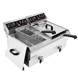 ROVSUN 24.9QT Electric Deep Fryer w/Frying Baskets Timer Drains & Lids, Dual Tank Kitchen Countertop Commercial Frying Machine, Adjustable Temperature, for French Fries Donuts Onion Rings, 3400W 110V