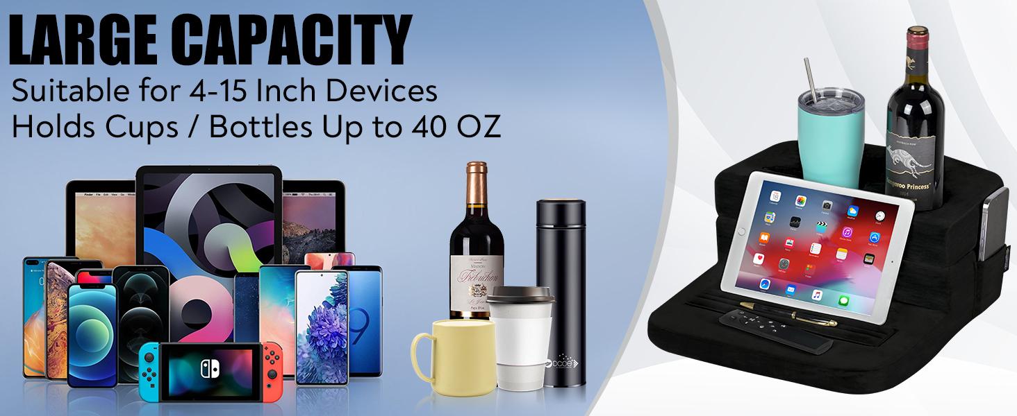 TabCouchCaddy - Couch Cup Holder Tray & Tablet Pillow Stand - Bed, Couch Caddy, Sofa, RV & Car - Holds Drinks, Snacks, Remotes, Phones, Tablet - iPad, Galaxy Tab Compatible | Bed Cup Holder (Black)