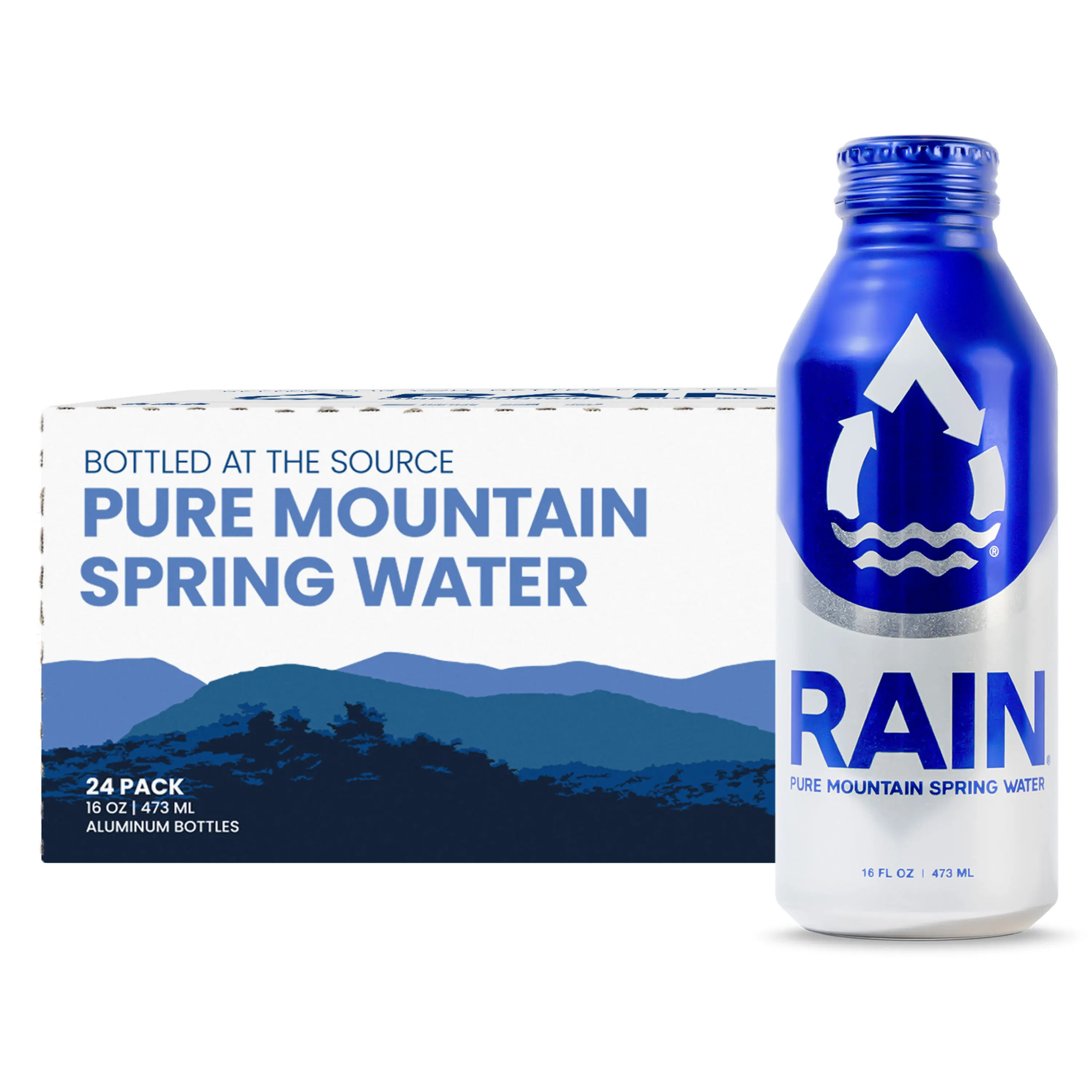RAIN Pure Mtn Spring Water, 24-Pack All-Natural Plastic-Free Aluminum-Bottled Drinking Water Beverage (Pack of 24)