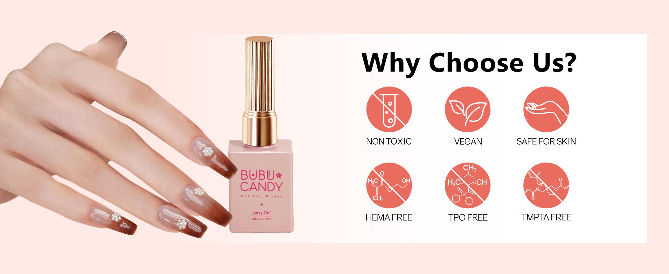 BUBU CANDY 6pcs 15ml Gel Nail Polish Set with LED Light Rubbing Strips Non Toxic Vegan Kit for Cuticles DIY Nails Honey Cocoa Amber Powder Ice Crystal White Mocha Powder Lotus Root Starch