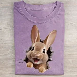 3D Cute Bunny Graphic T-Shirt, Lavender Purple Rabbit Peeking Top, Whimsical Animal Illusion Tee, Easter Sunday Kids & Adults Shirt, Vibrant Lilac Kawaii Apparel