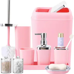 Pink Bathroom Accessory Set, Plastic Bathroom Set with Tray, Soap Dispenser, Toothbrush Holder, Toothbrush Cup, Soap Dish, Toilet Brush, Trash Can and Q-Tip Holders for Bathroom/Housewarming XLHOMO