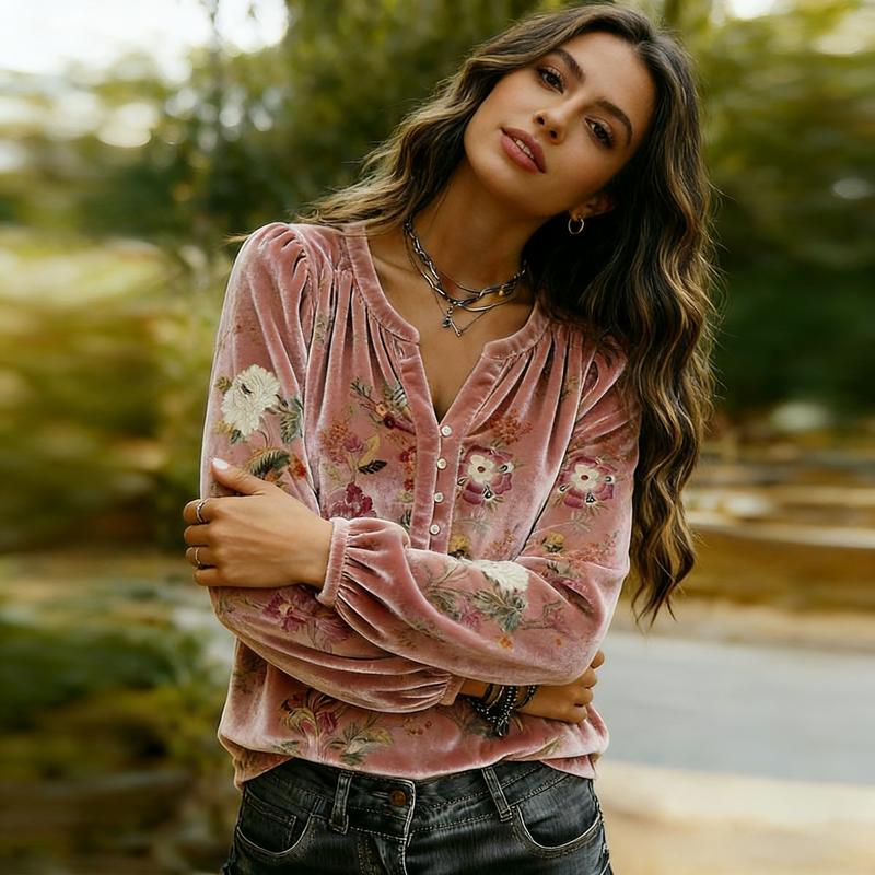 Vintage Floral Print Long Sleeve Velvet Top Elegance Soft Cute Fall Outfits Women's Clothes Going Outfits Womenswear