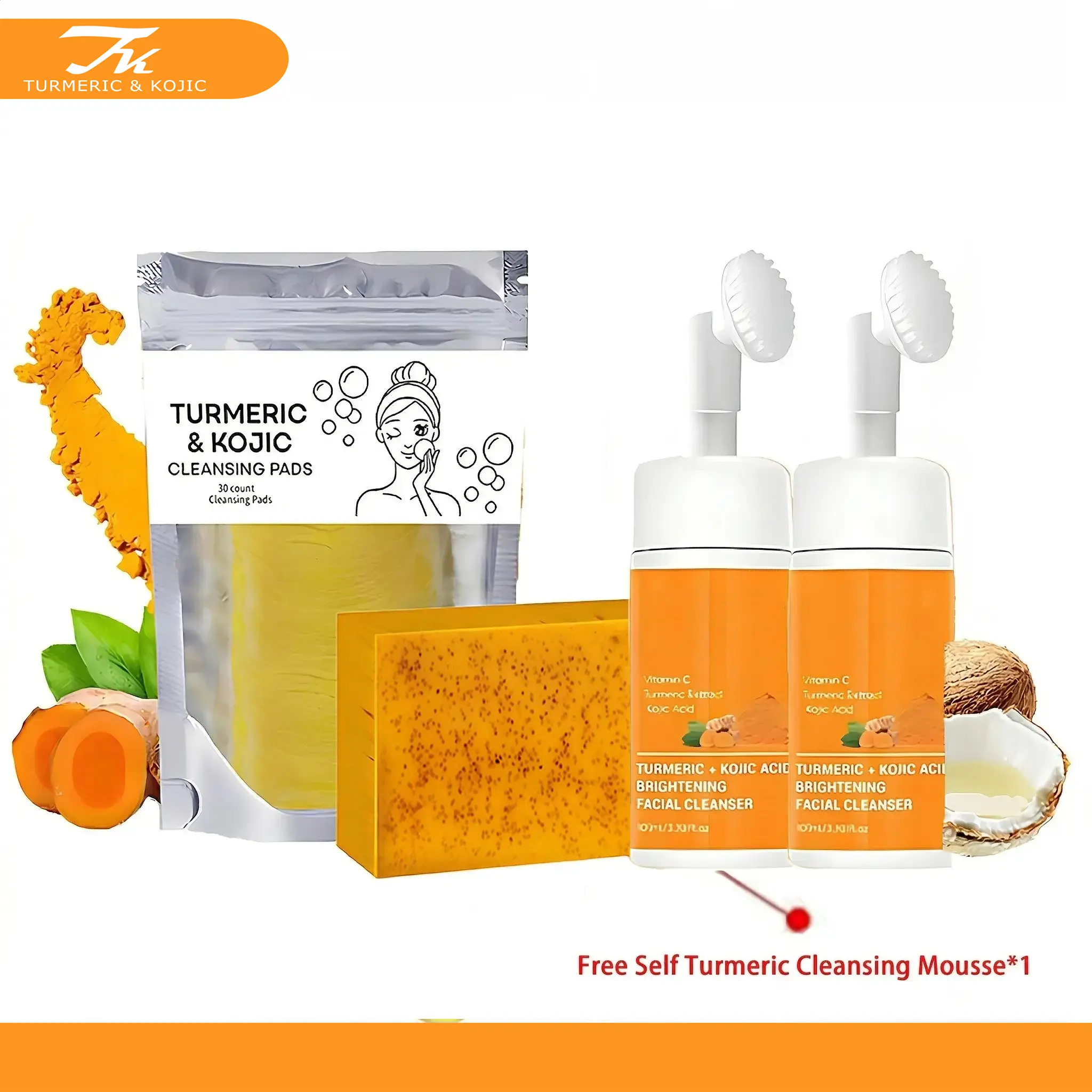 Turmeric & Kojic 4 in 1: Turmeric Cleansing and Care 4-piece Set, including 2 turmeric cleansing mousses, turmeric slices, and turmeric soap, for facial cleansing and skin care.
