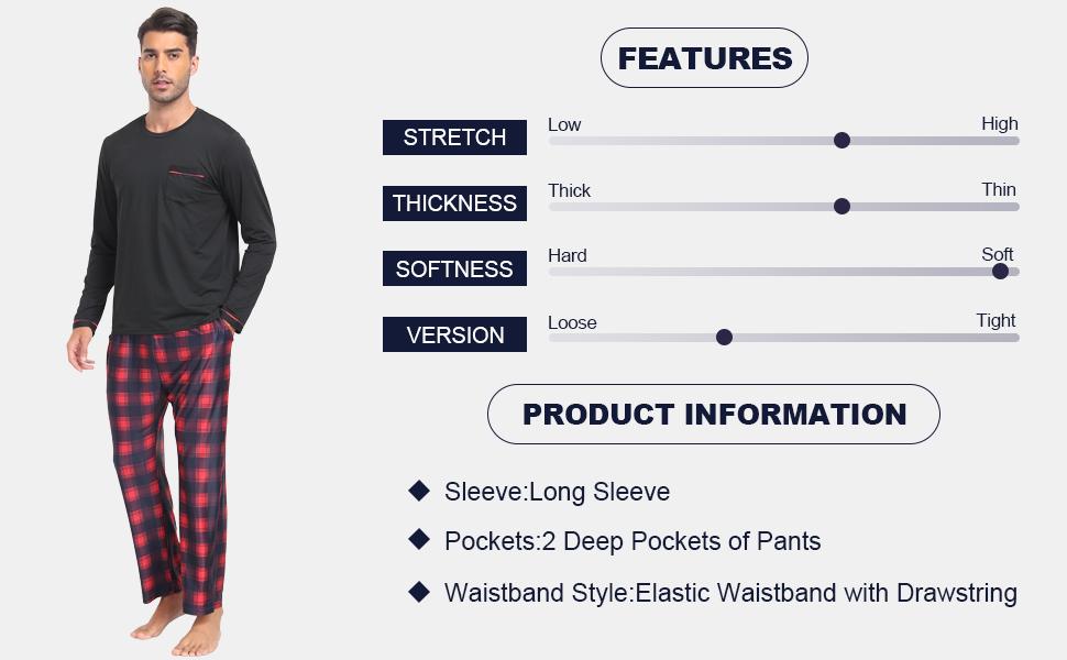 MoFiz Men's Pajamas Plaid Sets Sleepwear Long Sleeve Shirts and Pants Lightweight Soft Mens Pjs Lounge Set with Pockets