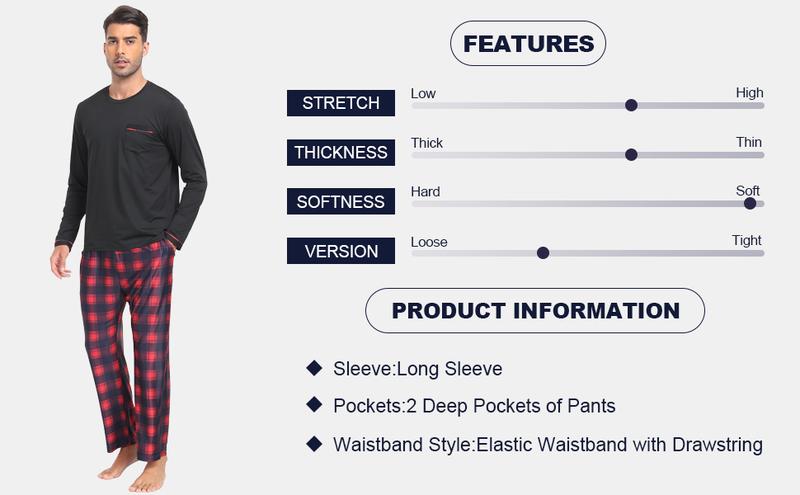 MoFiz Men's Pajamas Plaid Sets Sleepwear Long Sleeve Shirts and Pants Lightweight Soft Mens Pjs Lounge Set with Pockets