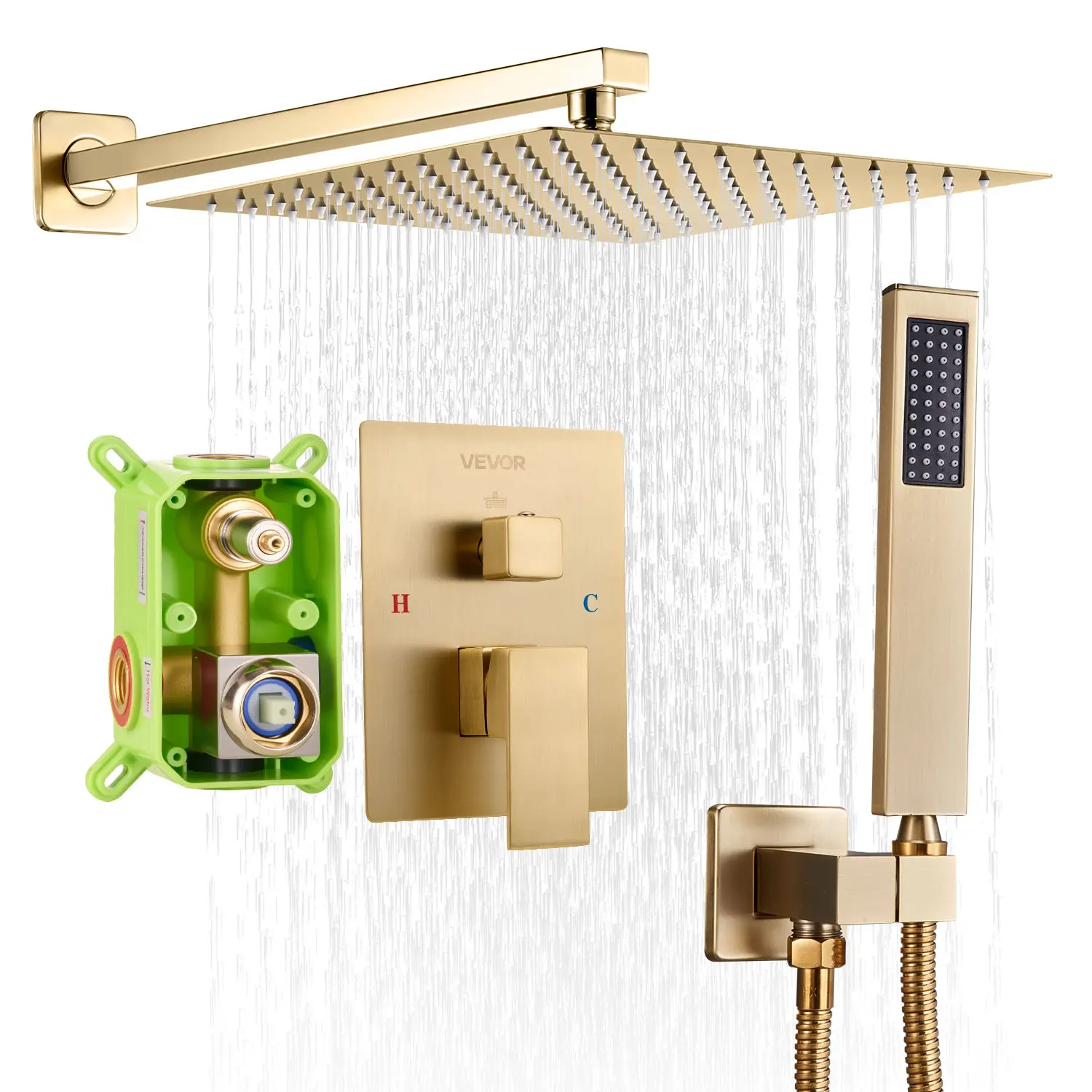 【Summerfinds】VEVOR Shower Faucet Set,Rainfall Bathroom Shower System with 12-Inch Square Rain Shower Head and Handheld SprayWall Mounted Bath Fixtures with Brass Valve and Trim KitBrushed Gold