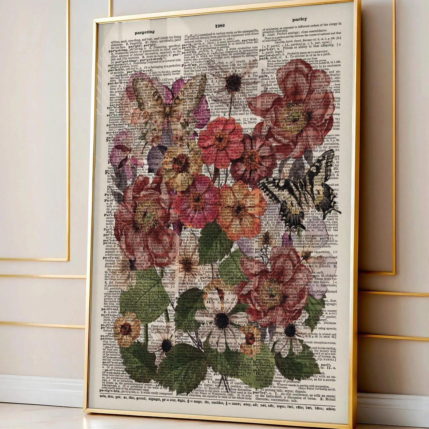 Antique Wildflower Dictionary Art Poster, Flower Themed dictionary prints, Vintage Wall Decor Newspaper Print, Trendy Aesthetic Wall Art