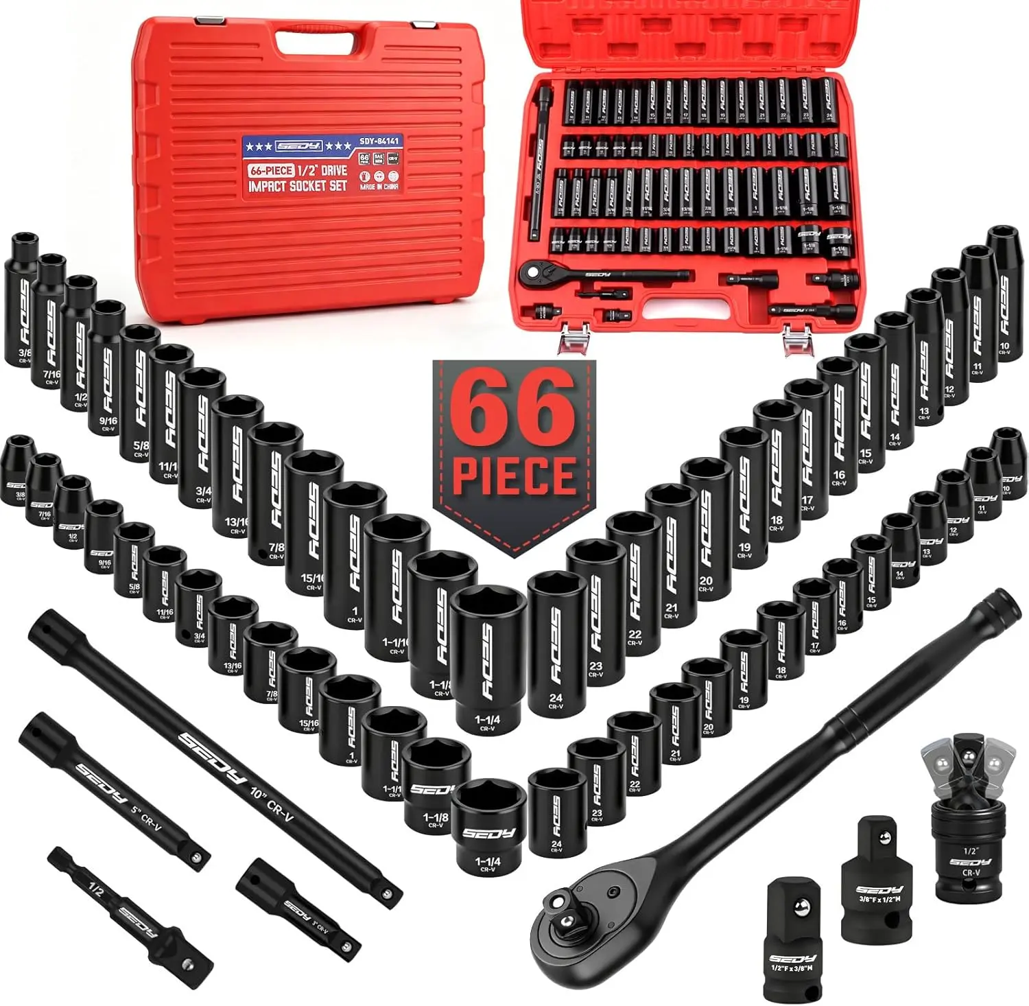 66-Piece 1/2" Drive Impact Socket Set, SAE 3/8" to 1-1/4" and Metric 10-24mm, Deep & Standard 6-Point Cr-V Sockets with Ratchet, Extension Bars, Adapters, Universal Joint, Drill Adapter, Storage Case fathersdaygift