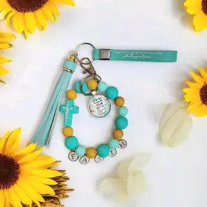 Walk by faith not by sight keychain bracelet Blue tassel