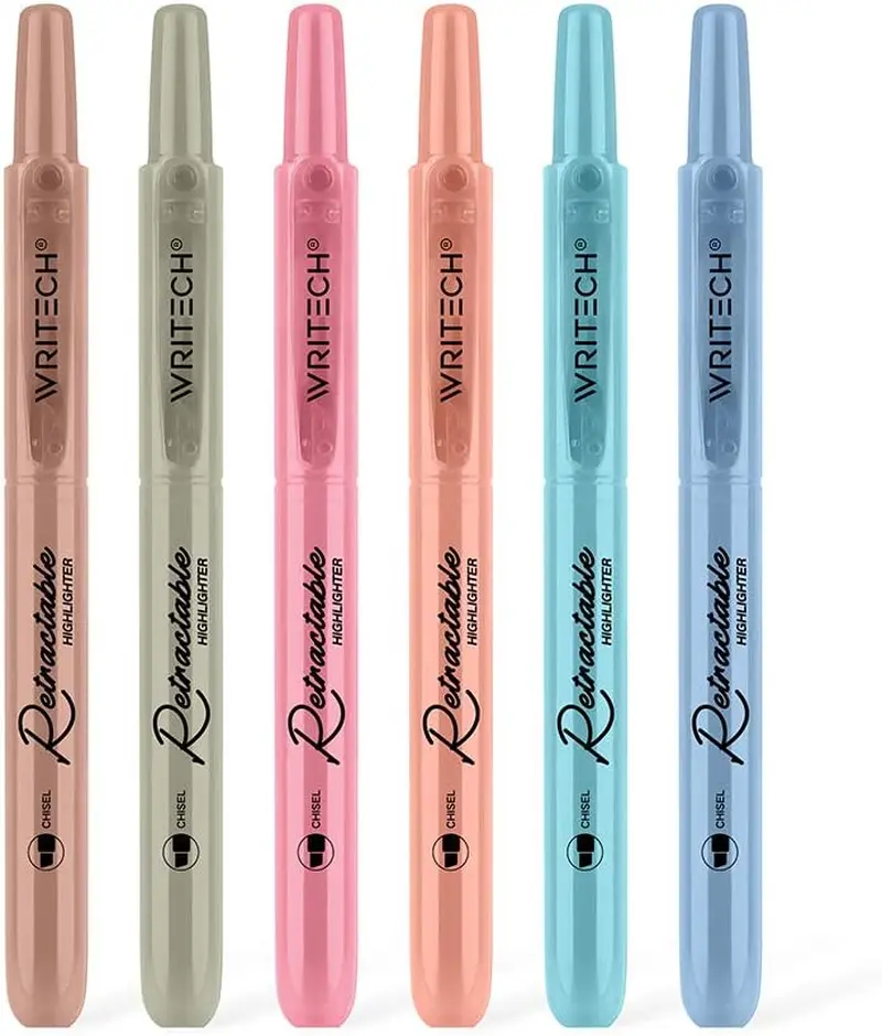 WRITECH Retractable Highlighters Assorted Colors: Chisel Tip Click Aesthetic Highlighter Marker Pens Pack Multi Colored Ink No Bleed Smear for Highlighting Journaling (6Ct Vintage) WRITECH