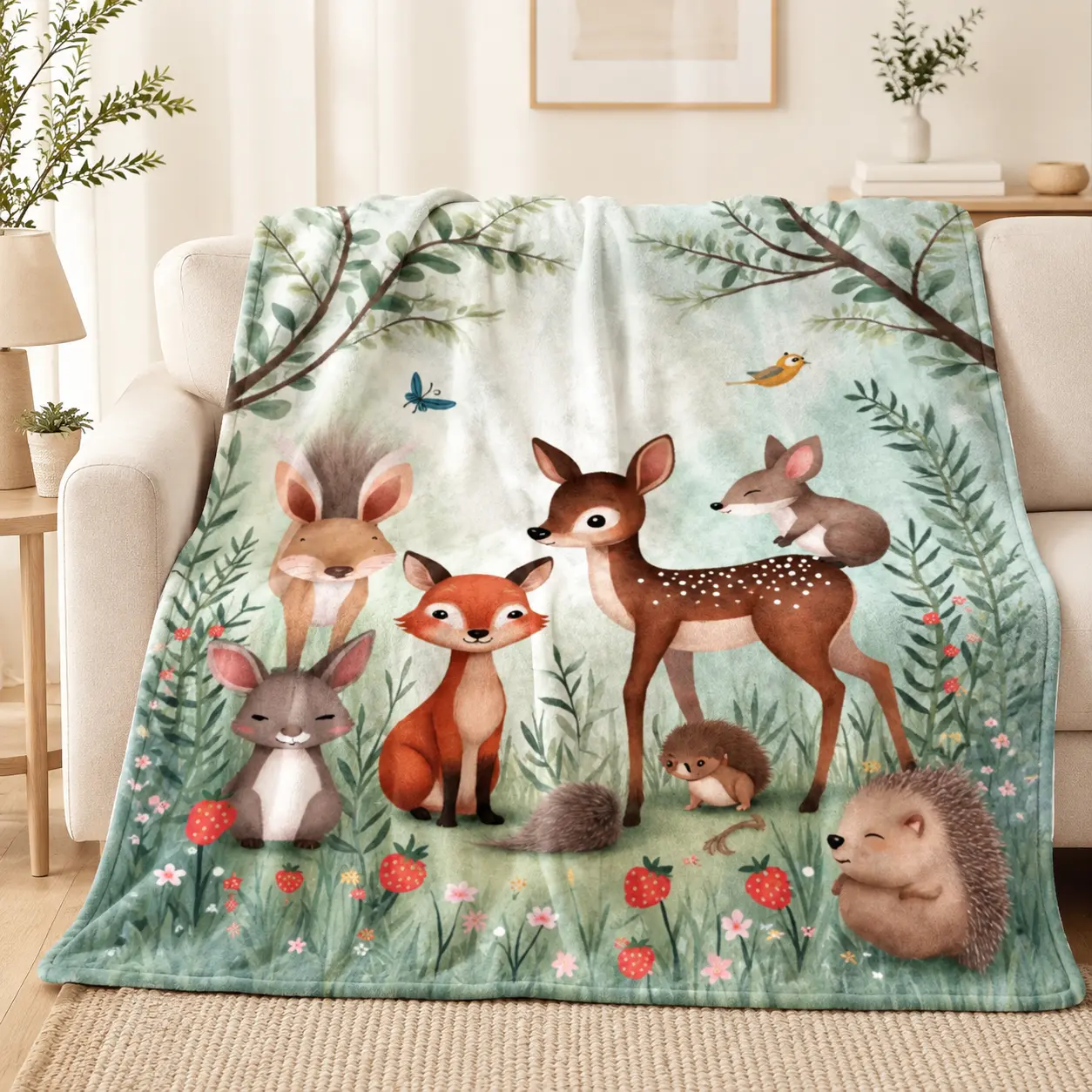 Watercolor Woodland Forest Animal Flannel Blanket - Cute, Soft Cozy, Warm Fuzzy Plush Throw with Deer, Fox, Rabbit, Hedgehog, Strawberry, Floral Designs - Ideal Baby Shower Gift for Kids Nursery Cottagecore Decor