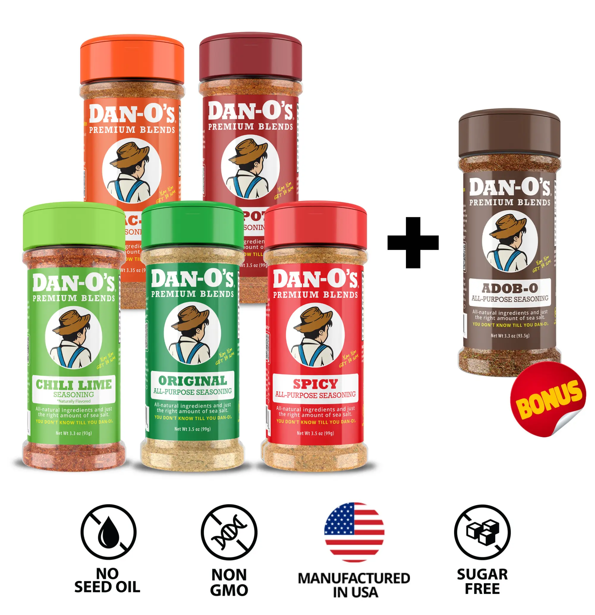 Dan-O's New 5+1 Bottle Combo - Original, Chili Lime, Chipotle, Spicy, Tac-O, and Adob-O Dan-O's New 5+1 Bottle Combo - Original, Chili Lime, Chipotle, Spicy, Tac-O, and Adob-O