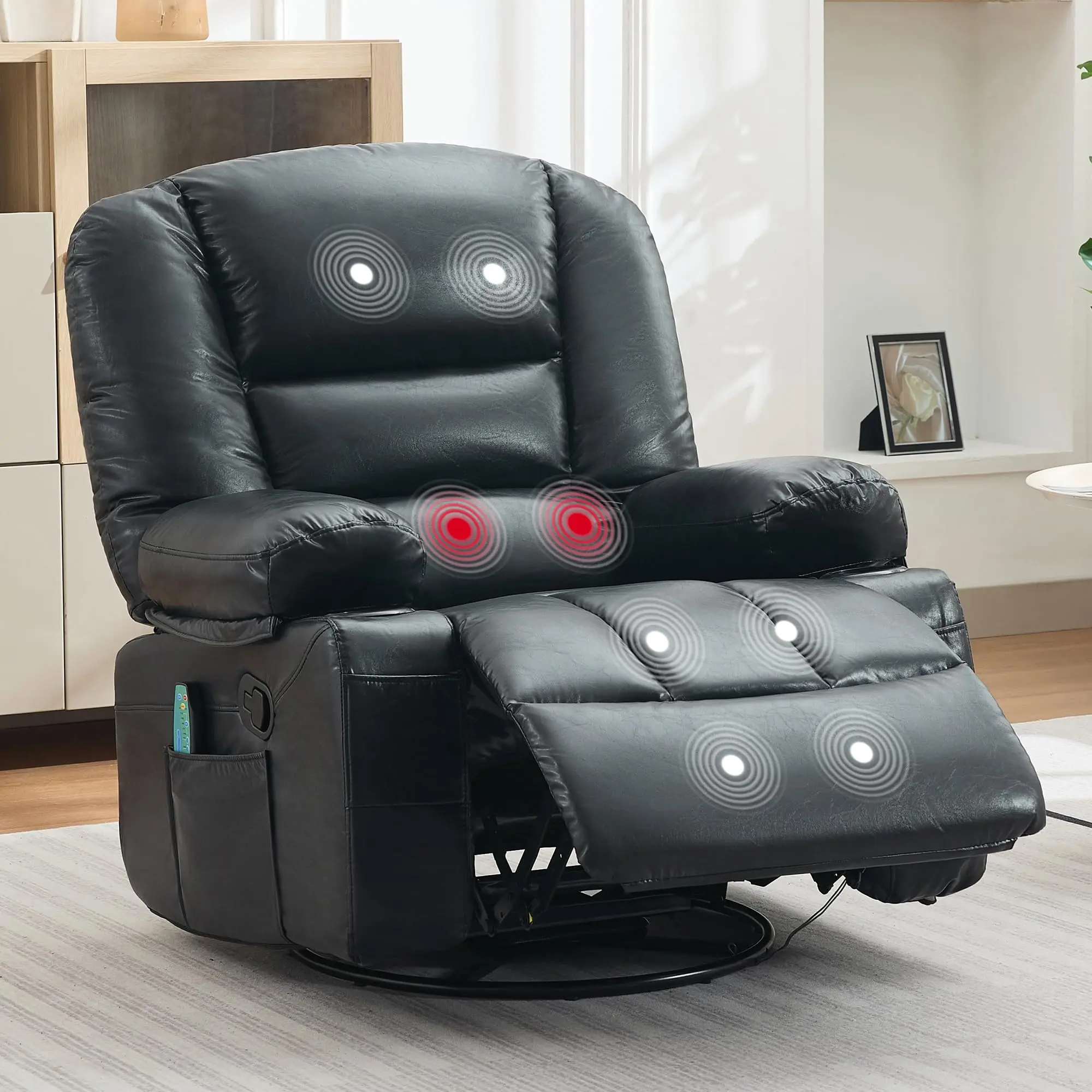 Garvee Rocker Recliner Chair with Heat and Massage, 360° Swivel Oversized Nursery Recliner for Adults, PU Leather Lazy Boy Single Sofa Seat with 3 Positions, Side Pockets, and Cup Holders for Living Room