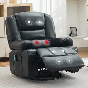 Garvee Rocker Recliner Chair with Heat and Massage, 360° Swivel Oversized Nursery Recliner for Adults, PU Leather Lazy Boy Single Sofa Seat with 3 Positions, Side Pockets, and Cup Holders for Living Room