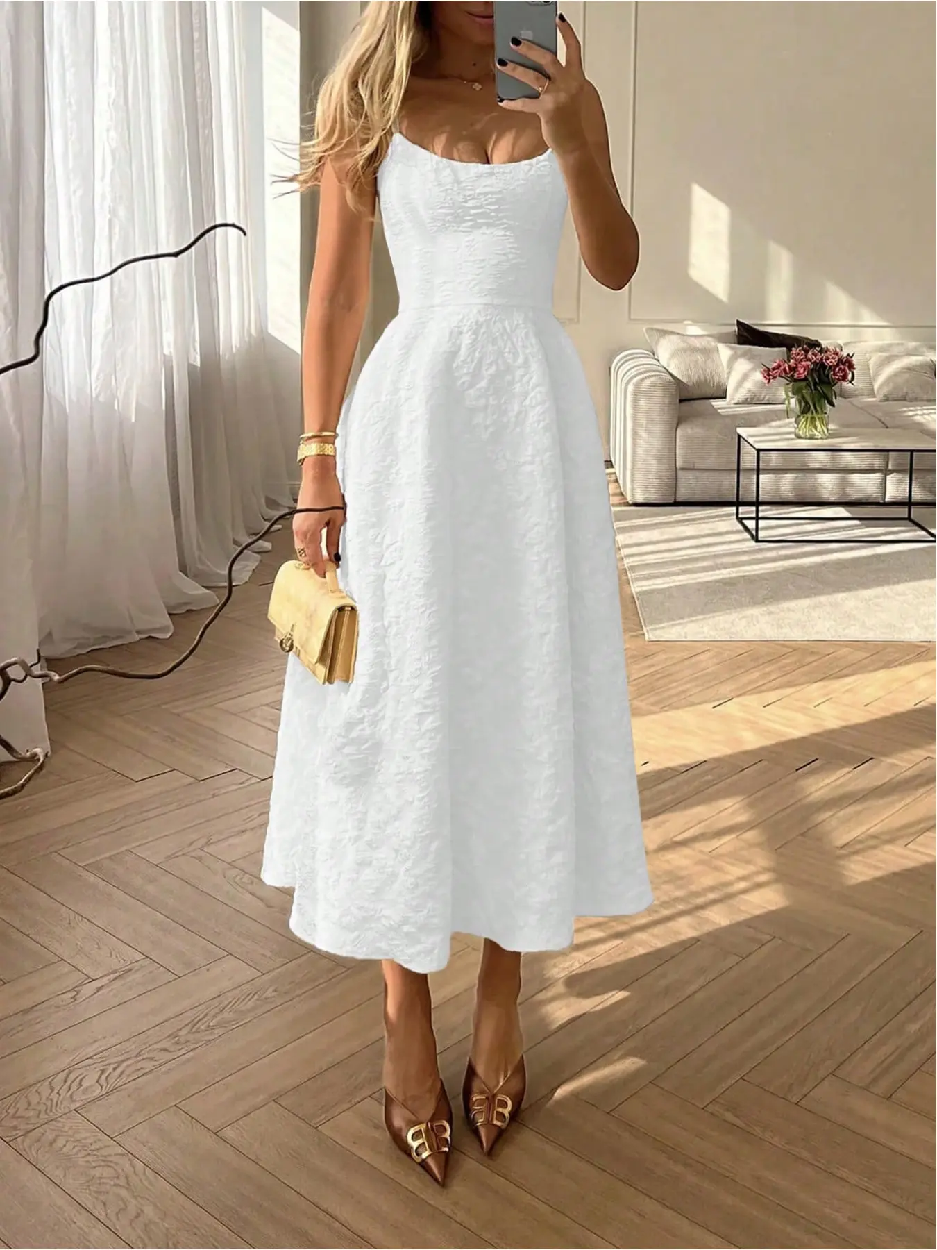 Summer wedding elegant solid color French high-end style light Sleeveless dress, waist-cinching slim-fit Spaghetti Strap suspender dress, midi dress, khaki dress