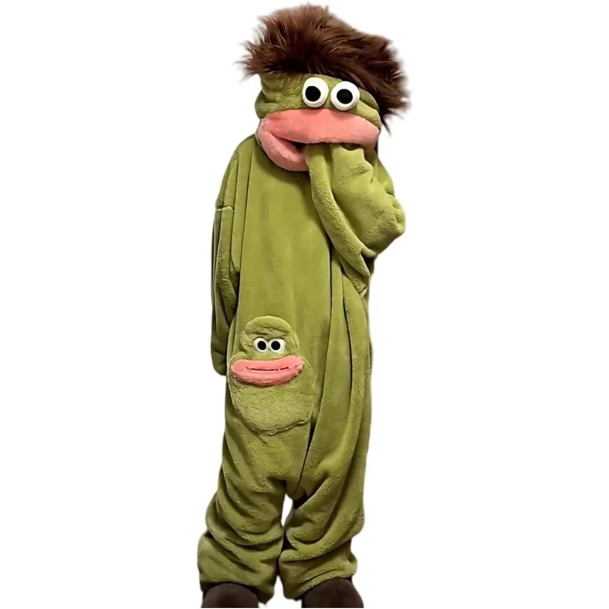 Unisex Adult Fluffy Hair Big Mouth Monster Onesie - Thick Coral Plush Sleep Outfit, Animal Fursuit/Mascot Head Party Clothing, Interactive Hand Puppet, Free 1 Hair Comb for Hood Styling