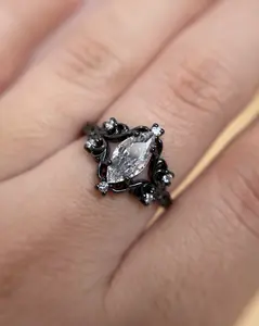 Victorian Black Sterling Silver Marquise Ring: Moonstone, Onyx, Amethyst, Moissanite or Cubic Zirconia