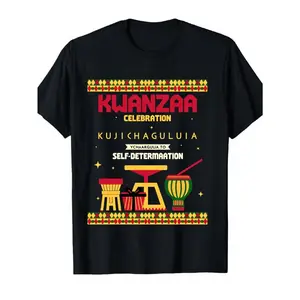 Men' & Women' Kwanzaa Shirt - African Self-Determination Festival Graphic Tee with Swahili Colors (Kinara, Vegetables & Stars) - Casual Crew Neck Top, Unisex Cultural Attire Suitable for Kwanzaa, Year-Round Wear, Machine Washable