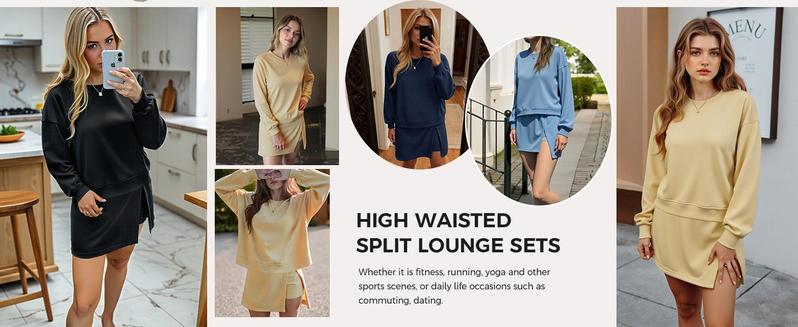 Fisoew Womens 2 Piece Outfits Casual Crewneck Sweatshirt High Waisted Split Skort Skirts Workout Matching Lounge Sets