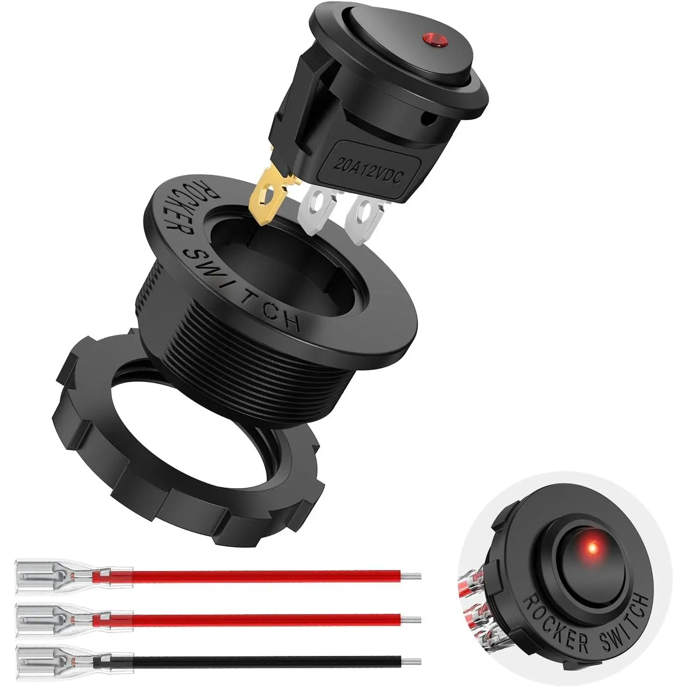 Nilight 1PC Round Safety Rocker Switch, 12V-24V 20A Red LED SPST 3-Pin 2-Position Prewired 3 Wires Toggle Switch with Flame-Retardant Casing, Keyhole, 16AWG Wires, Easy Installation for Cars, Boats, Off Road Vehicles, On-Off Circuit Control