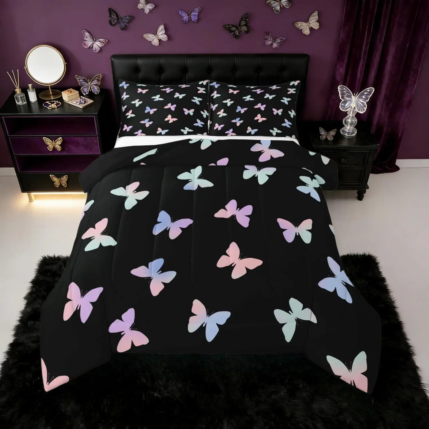 Feelyou Watercolor Aesthetic Pink-Purple Butterfly Comforter Set - Multi-Size Microfiber Bedding Supplies, Soft Breathable Bedroom Blanket, Travel-Friendly Black Bedding for Teens, Soft Breathable Blanket
