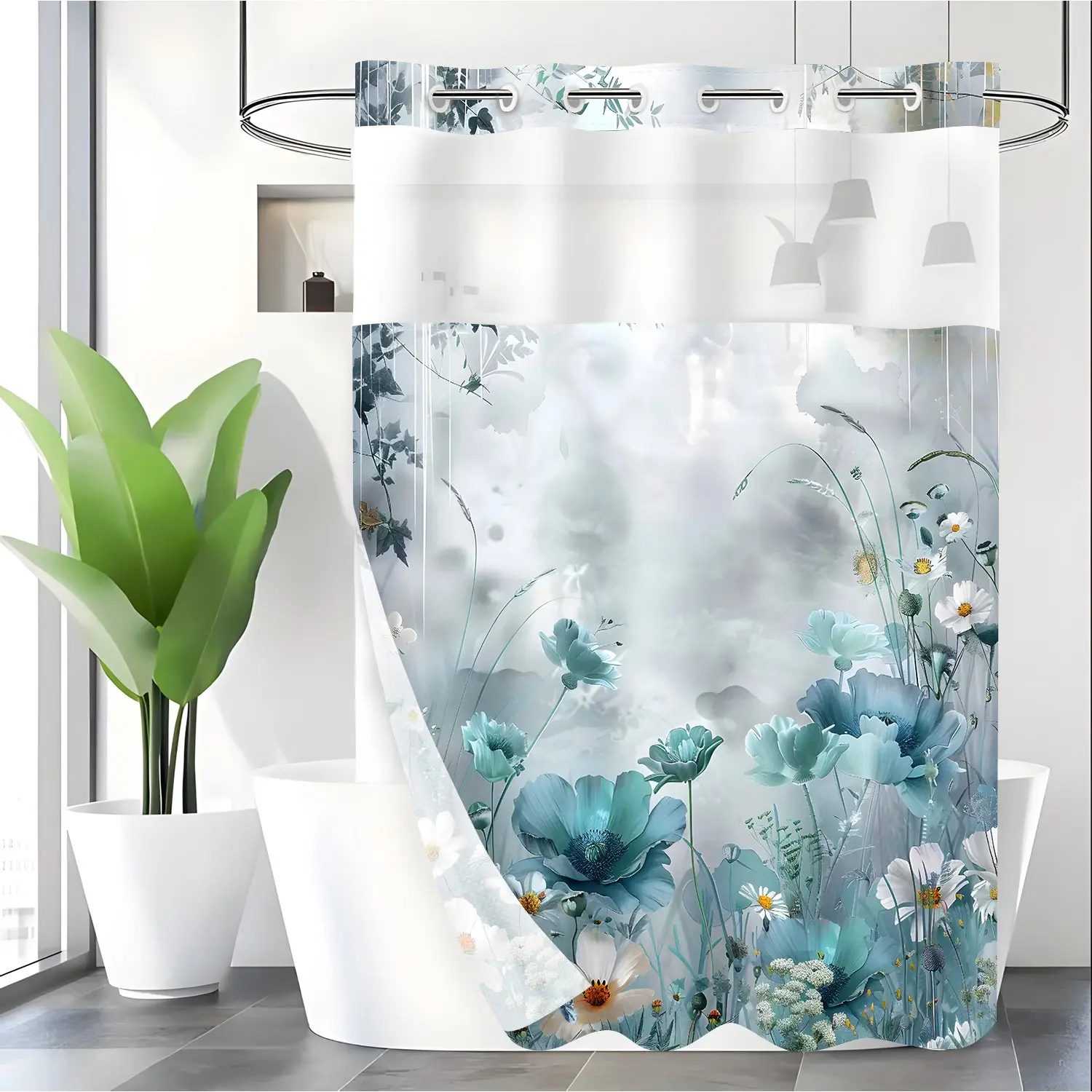 LVRLVR 1pc Misty Blue Watercolor Wildflower Print Elegant Shower Curtain with Sheer Top Window, Detachable Liner & No Hook C-Ring, 70.8" x 74" Shower Curtain Boho