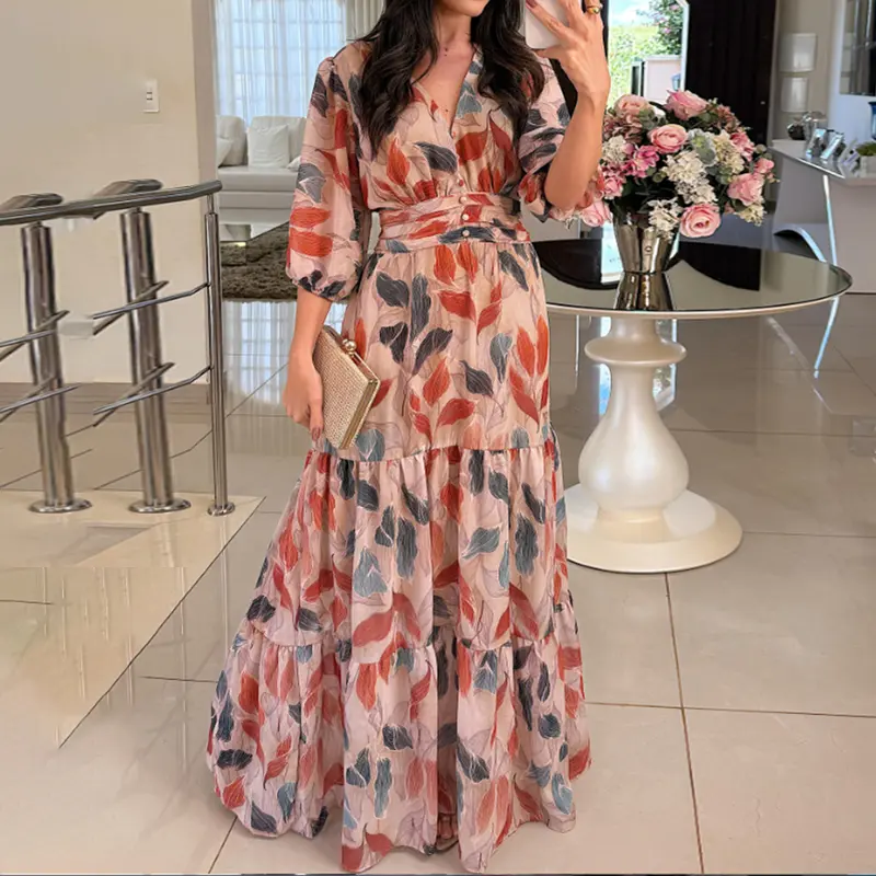 CHICME 2026 Women's Plants Print V-Neck Puff Sleeve Casual Maxi Dress