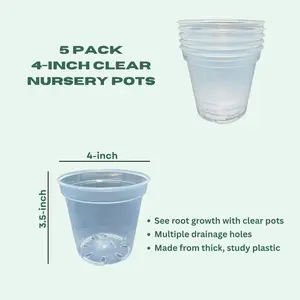 4-Inch Clear Plastic Plant Pot 5 Pack Durable Glossy Nursery Pot with Drainage Holes for Repots Cuttings & Starter Plants