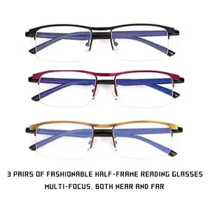 3 Pay Bifocal Progressive Multifocal Metal Semi-Rimmed Reading Glasses, Classic and Stylish, Two-in-One Use