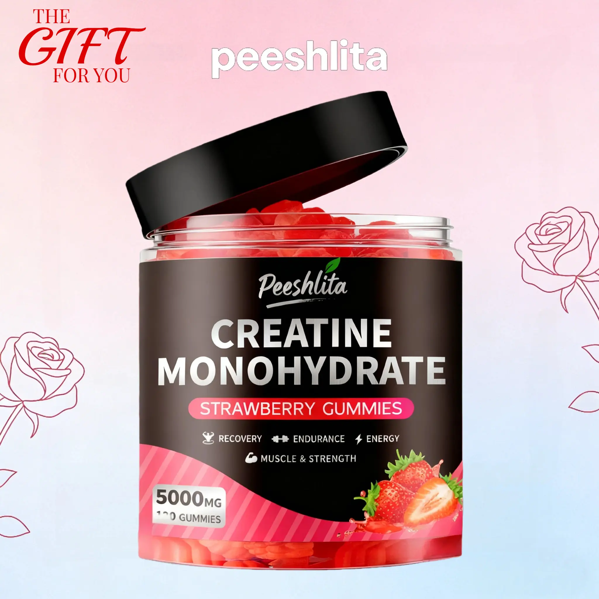 Peeshlita Creatine Monohydrate Gummies | 5000mg Per Serving, 120 Count | Valentines Day Fitness Gift for Him & Her | Strawberry Flavor | Muscle Gain, Strength & Recovery Support | Dietary Fitness Supplement