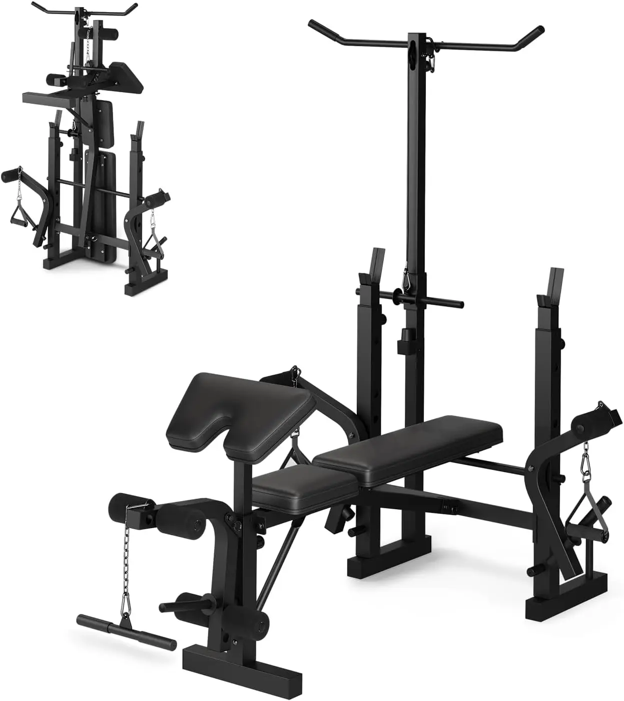 7-in-1 Carbon Steel At Home Gym Equipment - 900 lbs Capacity, Adjustable Incline-Decline-Flat, with Lat Pulldown, Barbell Rack, Preacher Curl, Foldable Training Workout Fitness Equipment for Adults Strength Training