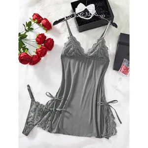 Red Floral Lace Sheer Sleepwear Set, Women's Elegant Transparent Lingerie Nightdress & Panty Set