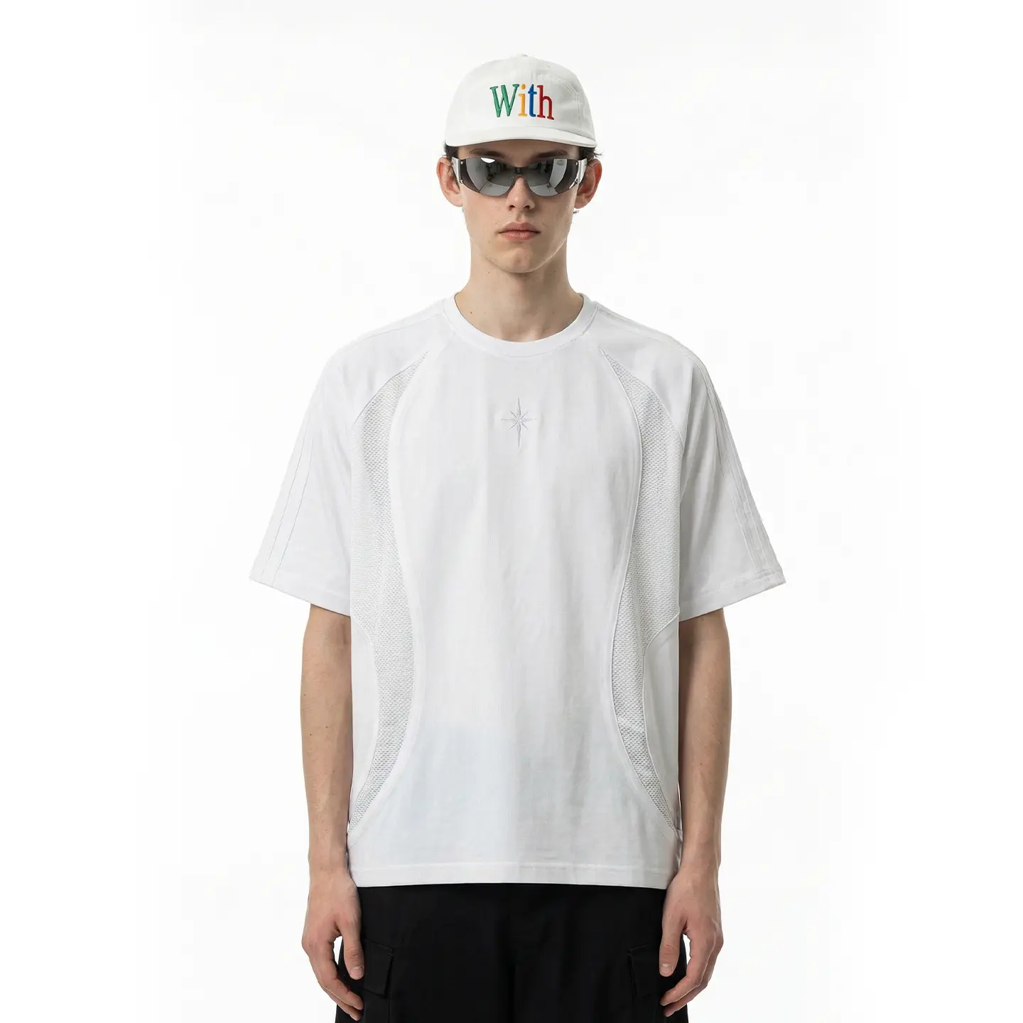 inflation Men's Loose Fit Streetwear T-Shirt, Short Sleeve Round Neck with Structured Patchwork and Embroidery