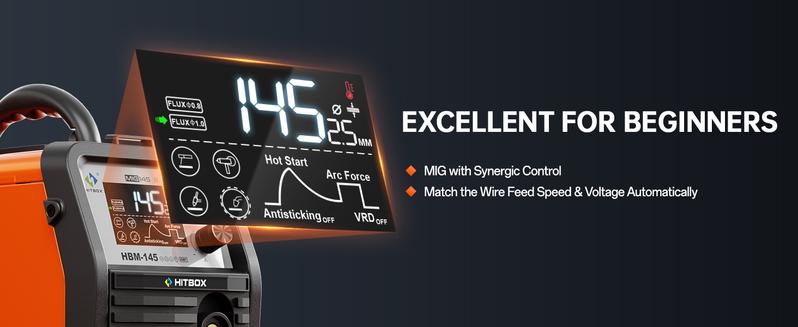 HITBOX HBM145 Mig Welder 110V/220V Upgraded 145A 4-in-1 Gasless MIG/Lift TIG/MMA with Spool Gun & LED Display for Home & Professional Use