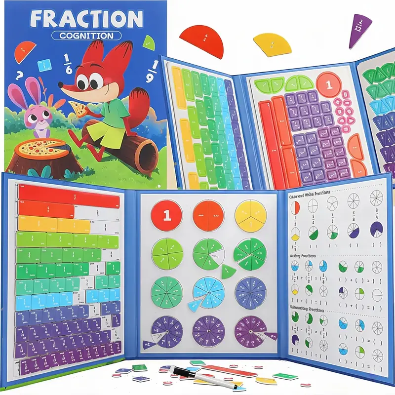 Magnetic Fraction Demonstration Book - Vibrant STEM Math Manipulatives, Montessori Numerator-Denominator Add-Subtract Aid, Visual Learning Tools, Learning Materials for Ages 6+ Common Core, Classroom Use, Birthday Gift to Boost Grades