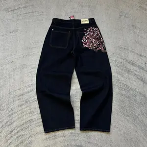 Hip Hop Cherry Blossom Embroidered Jeans Vintage Low Waist Wide Leg Trousers Y2K Clothes Mens Womes Embroidered Baggy Jeans