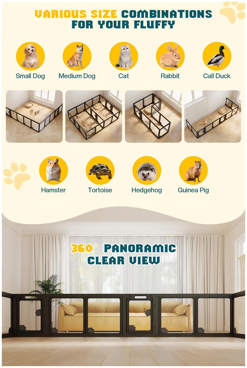 AMERLIFE Acrylic Clear Dog Playpen Indoor, Modular Puppy Cat Small Pet Play Pen with Doors, Transparent Fence for Little Dogs, Cats, Rabbits, Easy Assemble and Disassemble, (24" H, 10/14/17 pcs)