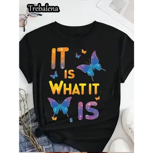 Plus Size Women'S   T-Shirt - Colorful Butterfly Graphic & "It Is What It Is" Inspirational Quote, Casual Short Sleeve Round Neck Top For Spring Summer Fall, Mother'S Day Juneteenth Gift, Ladies T Shirts Golf Gift T-Shirt For Men And Women Crewneck