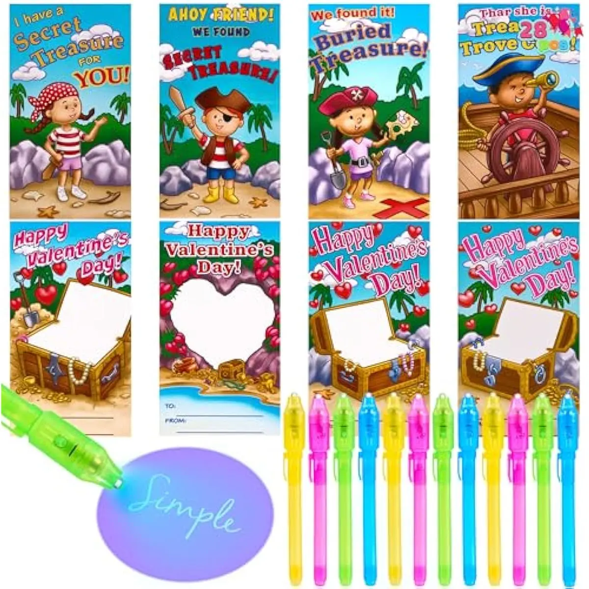 28Pcs Valentines Day Invisible Ink Pens with Cards, Stationery Gift Set for Kids with Light for Classroom Exchange Gift, Classroom Prizes, Party Favors