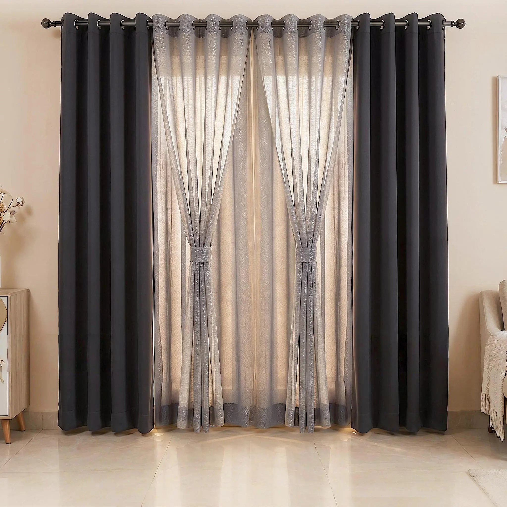 6 PANELS 54"X84"Comdination Grommets Curtains Including: 2 Panels Solid Full Blackout Curtain & 4 Panels Foil Silver Metallic Doli Sheer Curtain QF222 L28 Summer gift #SummerVibes blacking apartment Holiday Scene bedroom