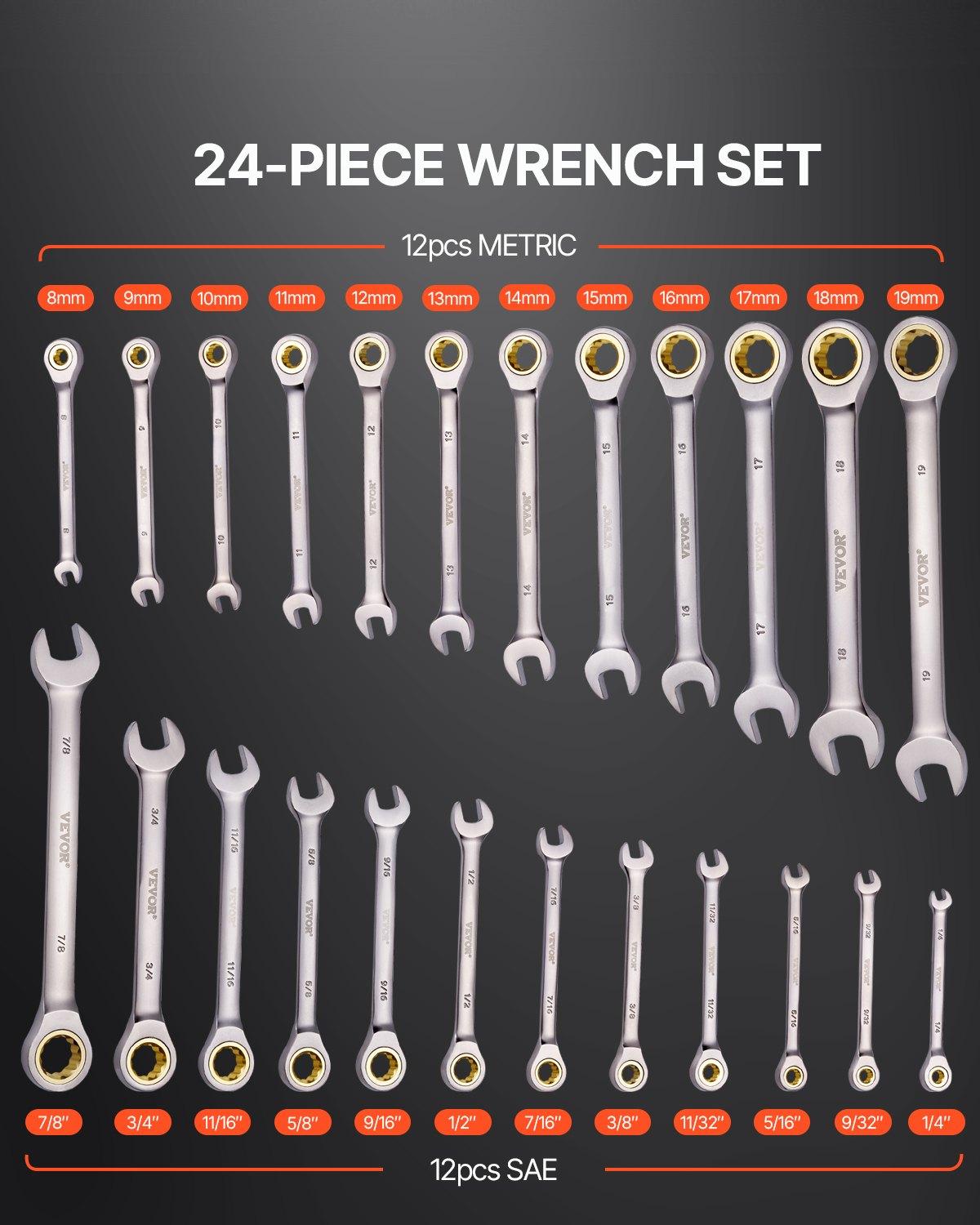 VEVOR Combination Wrench Set 30 PCS SAE 1/4" to 1", Metric 8mm to 24mm Organizer Rack