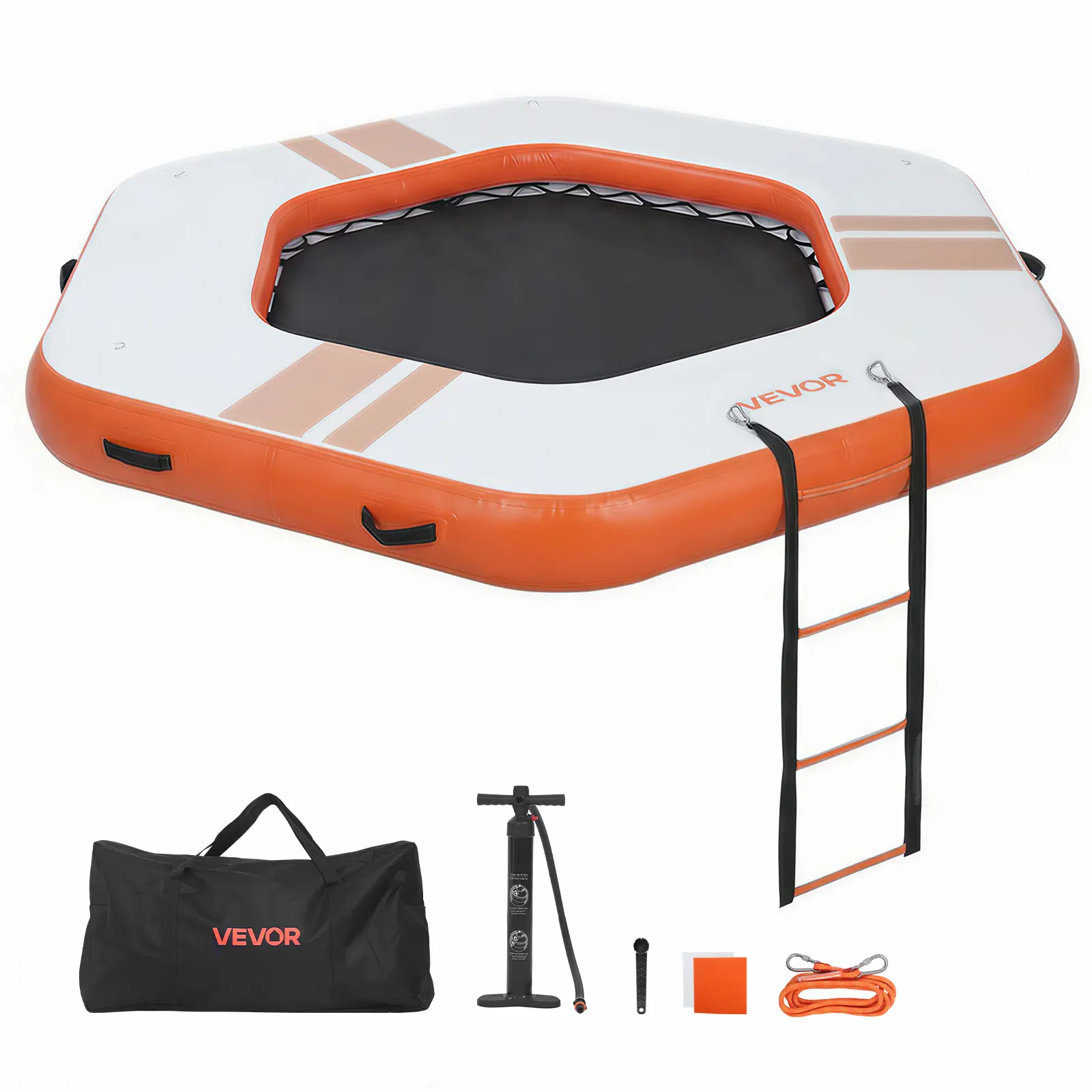VEVOR 8.5x8.5 FT Inflatable Floating Dock Platform, Non-Slip Water Mat with Portable Carrying Bag & Detachable Ladder, Inflatable Pool Floaters for Pool & Beach, Orange Father's Day Gift#BacktoSchool