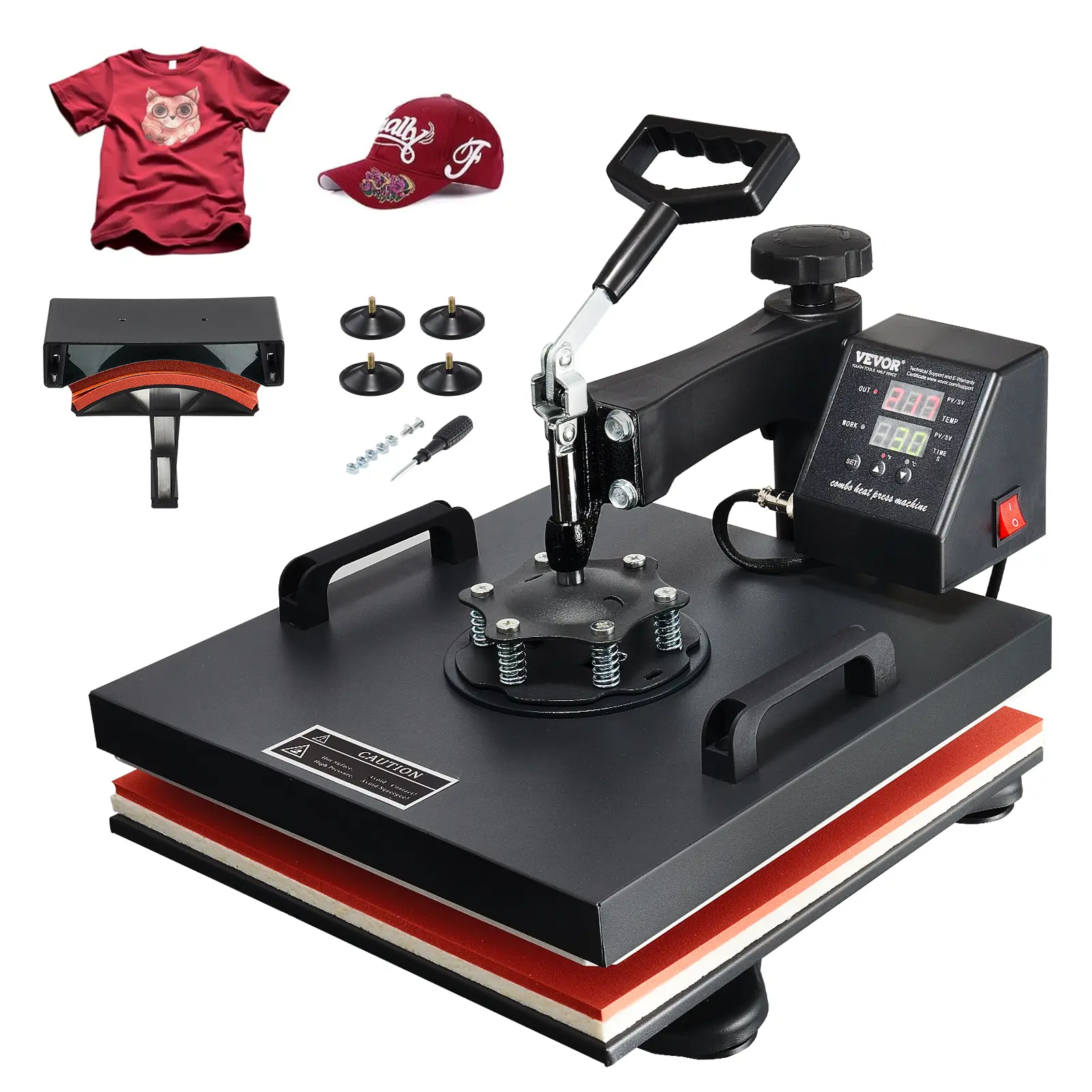 VEVOR Heat Press Machine, Heat Transfer Machine with Hat Press, 360° Swing Away T-Shirt Pressing Machine, Digital Precise Control, Fast Even Heating for T-Shirts/Hats/Caps, Black
