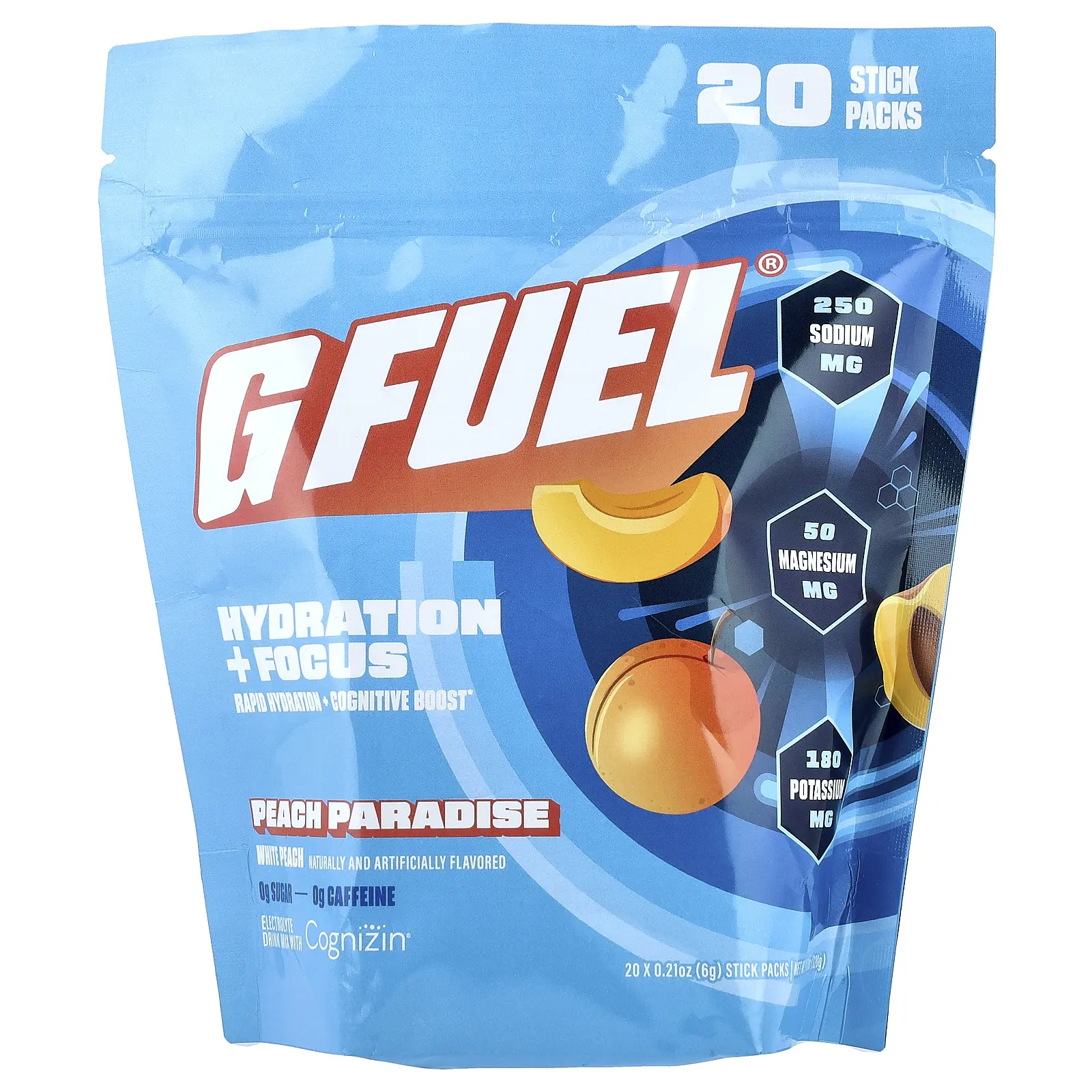 G FUEL Hydration + Focus, Electrolyte Drink Mix with Cognizin®, Peach Paradise, 20 Stick Packs, 0.21 oz (6 g) Each