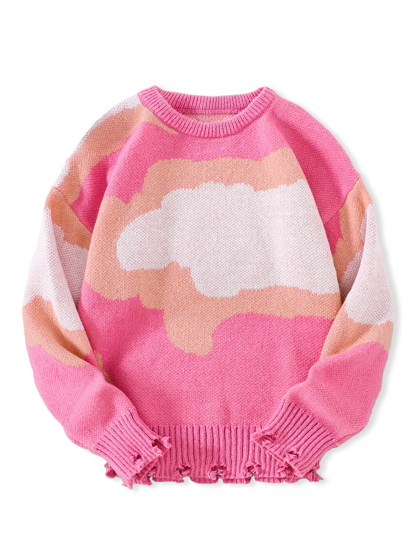 Men's 1 Piece Classic Cloud Jacquard Ripped Drop-Shoulder Crew Neck Polyester Fabric Knitted Pullover Sweater - Moderate Thickness, Casual Fitted Cut, Layer-Friendly Adults' Top, Machine Washable for Fall-Winter Daily Wear