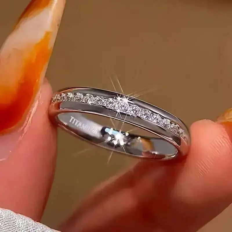 5 - Piece Women's Titanium Wedding Set! 4mm wide, hypoallergenic stainless steel with round - cut synthetic zircon. White gold - plated, bohemian style. Anti - tarnish, for daily wear. Elegant, stylish, affordable, and sparkling with comfort fit.