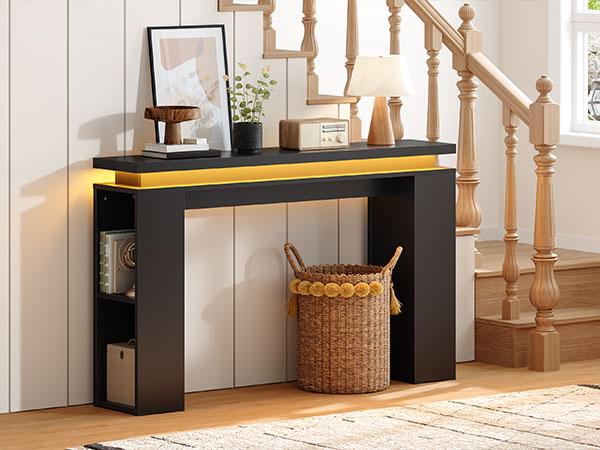 HOOBRO 47.2"  LED Console Table, Narrow Entryway Table with Floating Tabletop, Behind Couch Sofa Table for Hallway, Living Room, Adjustabl Side Shelves, Black