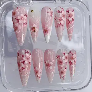 Cherry Blossom 3D Flower Press On Nails, Pink Coquette Nail Art, Bridal Nail Art, Elegant Nails for Dating