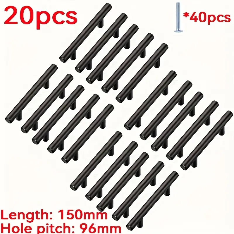 20 Black Stainless Steel Cabinet Handles, Metal Handle - 15.24cm T-Handle Drawer Pulls, Door Hardware, Suitable for Living Room, Kitchen, Bathroom, Bedroom Furniture, Eas to Install, with 40 Screws